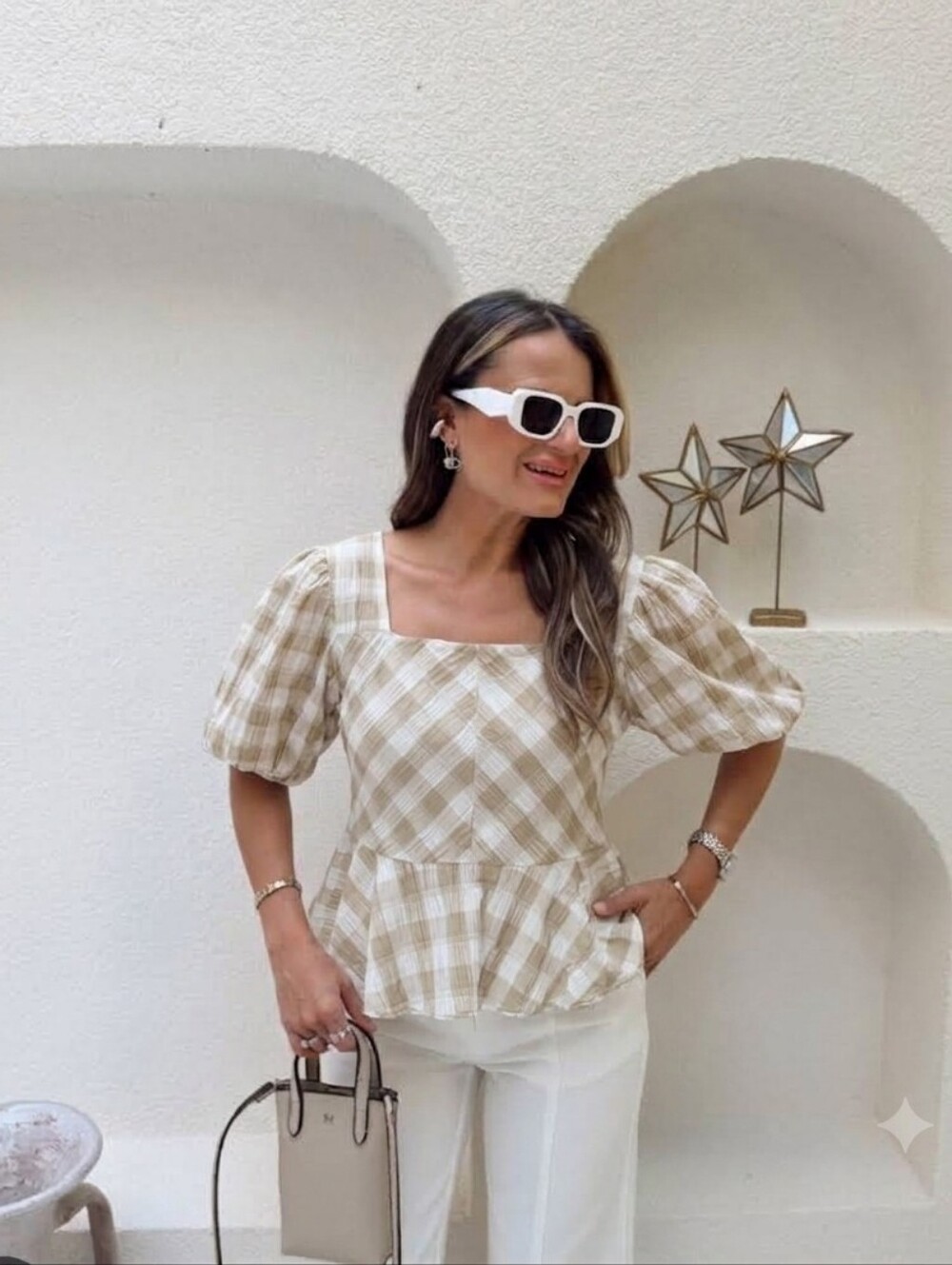 Kaktus Beige White Check Puff Sleeve Romantic Peplum Square Neck Women Top L